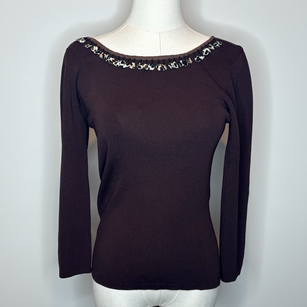 Vintage J.A.C. Brown Long Sleeve Top Women Small Leopard Trim Knit Classic